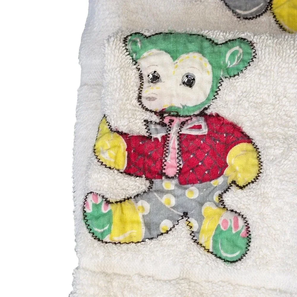VTG Retro Kitschy Applique Animals 3 Pc Bath Towel‎ Hand And Washrag Set White